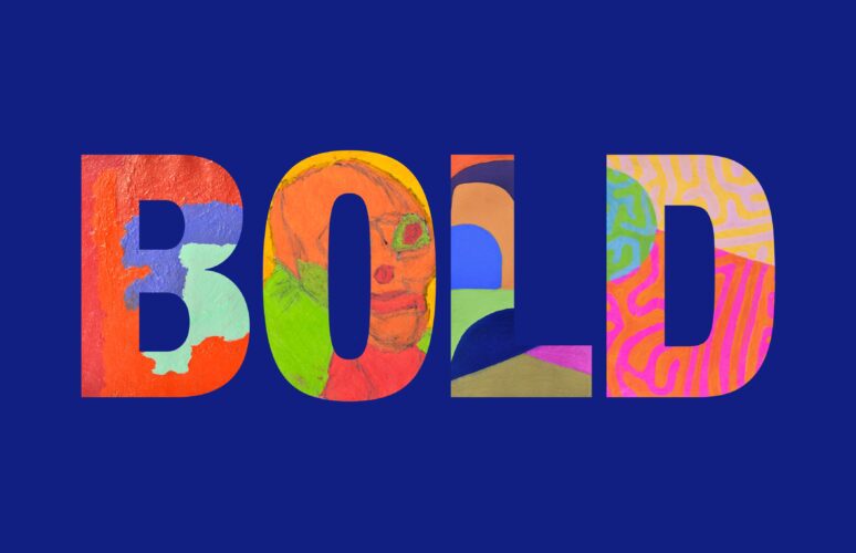 A Promotional banner for the BOLD exhibition at Arts Project Australia. Bold is written in capital block letters. The background is blue.