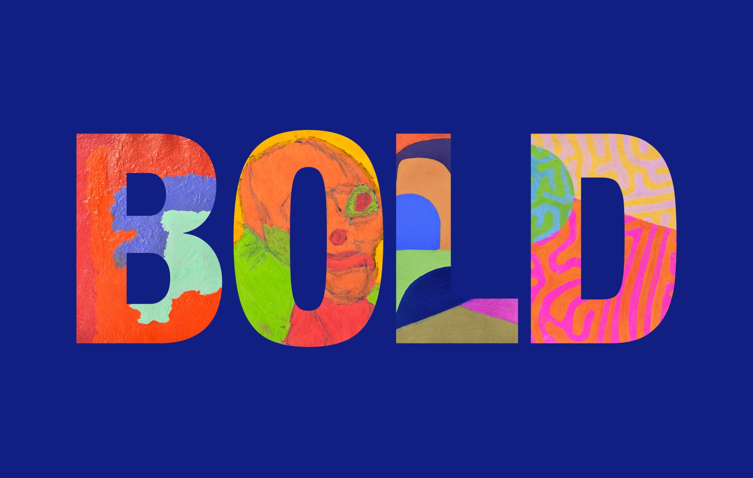 A Promotional banner for the BOLD exhibition at Arts Project Australia. Bold is written in capital block letters. The background is blue.